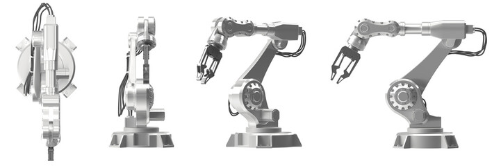 Naklejka premium Industrial robotic arm with gripper shown from multiple angles on a white background