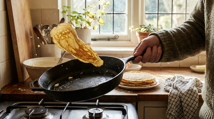 Flipping Pancakes in a Pan for UK Pancake Day Celebration