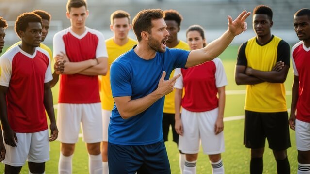 Soccer Coach Giving Motivational Talk to Young Players Before Match