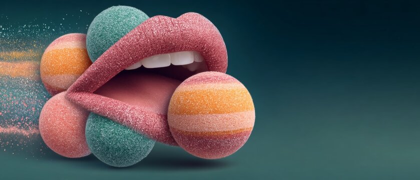 Colorful Sugar-Coated Spheres Explode From Mouth in a Dynamic Candy Art Portrait Concept, Vibrant and Playful