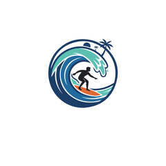 Fototapeta premium Surfer riding ocean wave with palm tree and sun in circular logo.