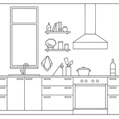 Kitchen room graphic black white home interior sketch illustration vector 