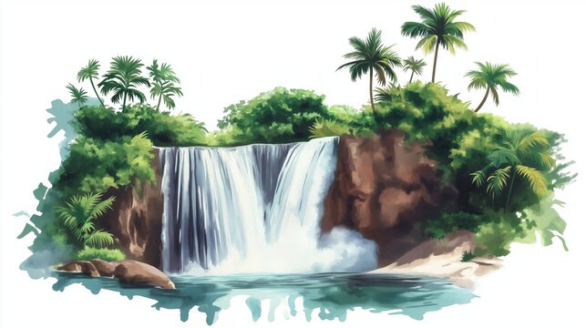 Kribi Falls and Beaches. Kribi Falls and Beaches hand drawn watercolor illustration on white background