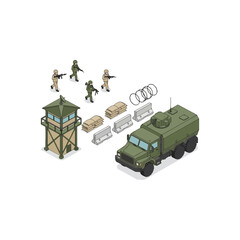 Obraz premium Military vehicle and soldiers on mission.