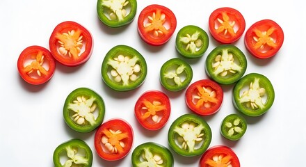 Fototapeta premium Sliced Green and Red Jalapeno Peppers on White Background