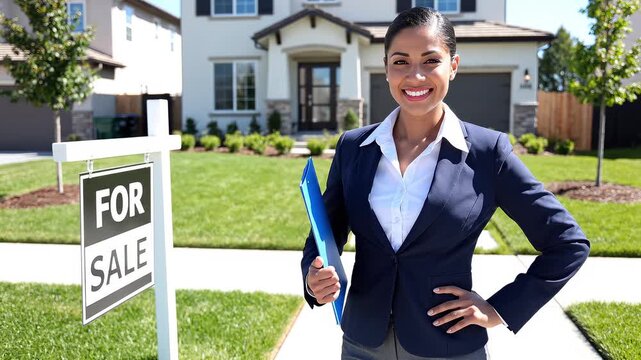 Female real estate agent in front of a house with FOR SALE sign. Woman realtor agent with smile and confident pose for advertising property. Professional services to support sale of properties.