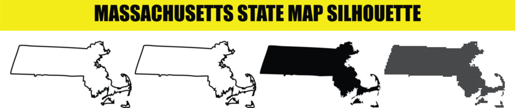 Massachusetts state map silhouette white outline filled solid black dotted pattern transparent background USA