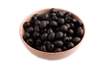 Fresh black olives in ceramic bowl Isolated on white. side view, close up