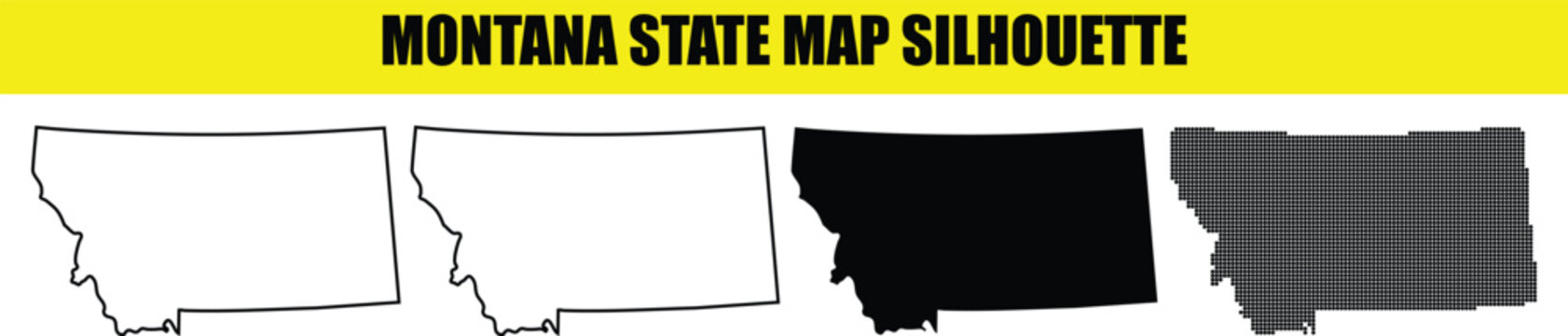 Montana state map silhouette vector pack with outline solid black and pixelated versions isolated on transparent backdrop