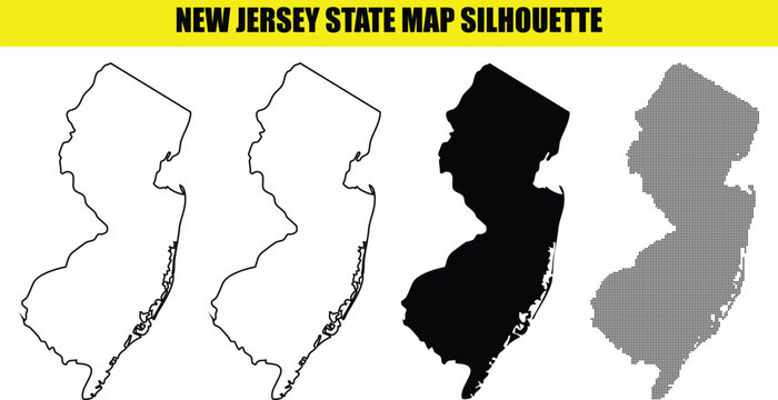 New Jersey state map silhouette set different styles includes outline solid and dotted vector illustration for various uses