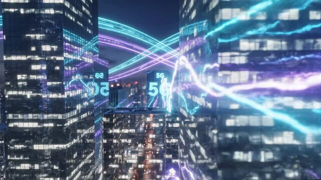 Luminous cyan and violet 5G waves pulse gently through a futuristic gl