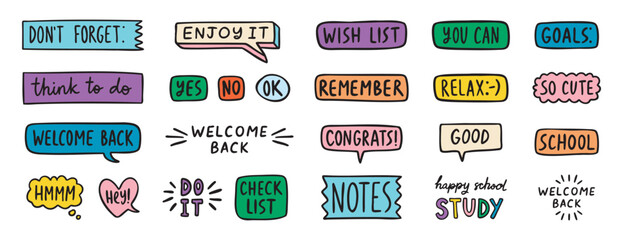 Welcome back to school planner words, motivational doodle stickers set, study and checklist labels, hand drawn © Yanka