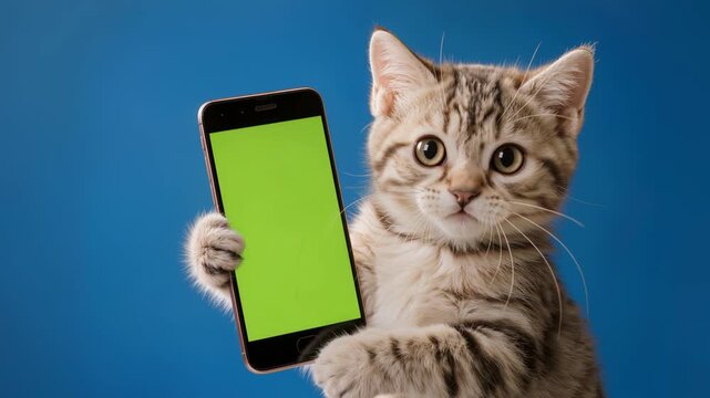 Funny gray tabby cat scrolling smartphone with green screen on blue background indoors. Concept of mobile advertising, online shopping, digital marketing, and creative mockup