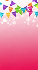 Happy birthday wishes with colorful party banners and pink background