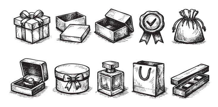Hand-drawn sketch of various gift boxes, jewelry packaging, perfume bottle, and shopping bag. Ideal for festive seasons, packaging design, and retail concepts.