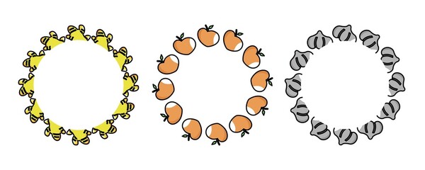Obraz premium Set of three circular wreaths cartoon bees, peaches, and dumplings arranged in radial patterns