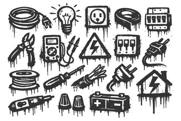 Obraz premium Black and white grunge electrical icons collection.