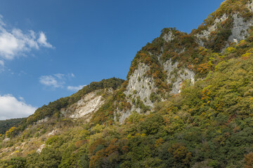 Obraz premium 日本 岡山県新見市井倉にある井倉峡の絶壁と紅葉