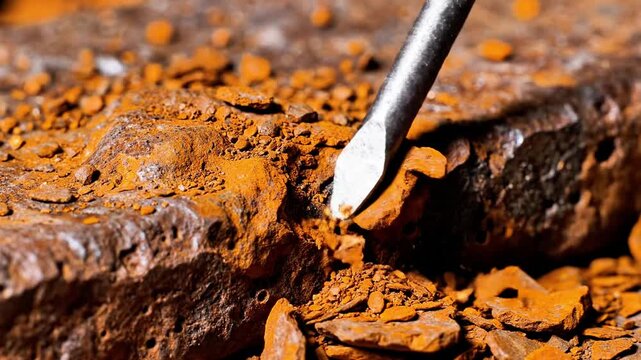 A chisel is being used to carve a stone with reddish-brown pigment