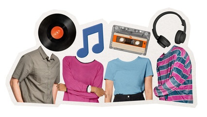 Music lover png heads sticker, surreal people remixed media, transparent background