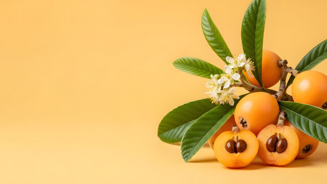 Fresh loquat fruits with green leaves and flowers on orange background