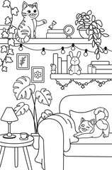 Obraz premium Cute cats in cozy room. Line art illustration and kids coloring page, printable black outline illustration