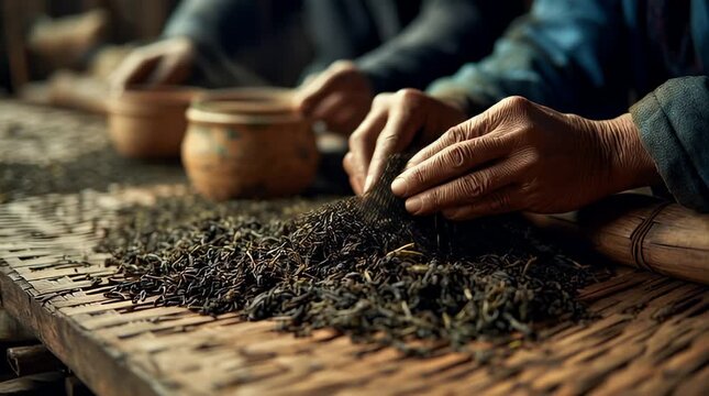 Hands sorting through dried tea leaves on a bamboo mat in a traditional setting