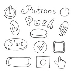 Hand drawn vector set of buttons, switches, and interface elements. Doodle sketch collection with Start, On, Off, Push text and icons
