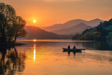 Fototapeta premium Sunset Over Lake with Two People in Boat