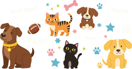 Fototapeta premium Cute Dogs and Cats Cartoon Vector Illustration Set with Playful Pets, Paw Prints, Stars, and Fun Animal Elements for Kids and Pet Lover Designs