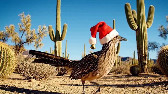 Roadrunner bird wearing Santa hat in desert with cacti under bright sunlight
