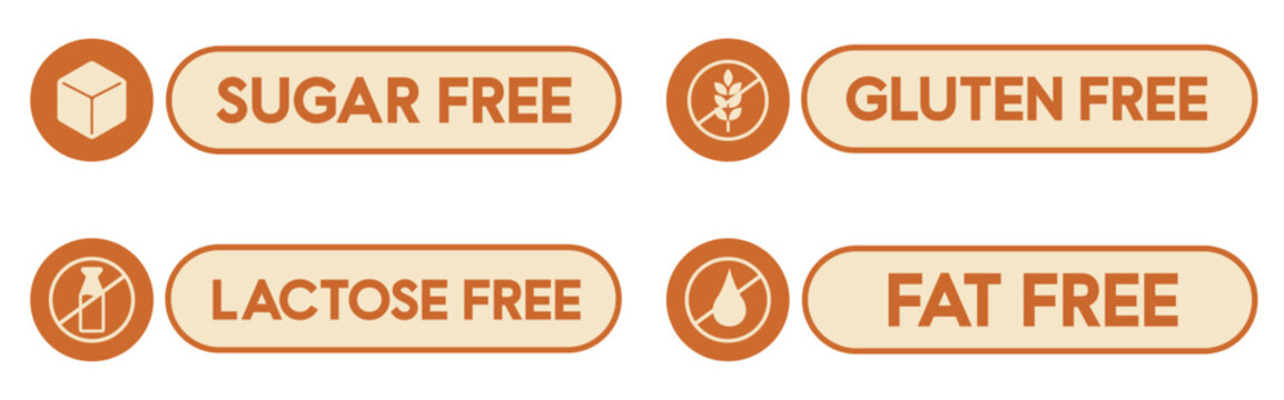 Healthy food labels set, sugar gluten lactose and fat free badges