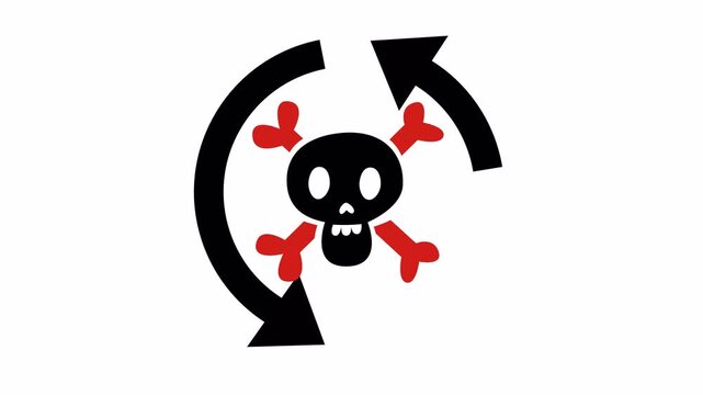 Skull and crossbones with circular reload arrows for recurring digital threats in a transparent background. Animated toxic hazard alert with rotating arrows for periodic safety warning.