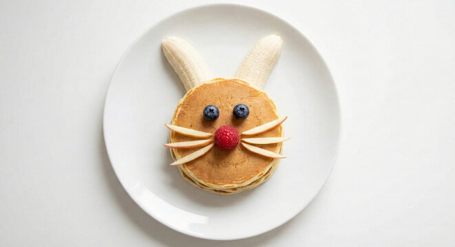 Creative bunny shaped pancakes with fruit for breakfast