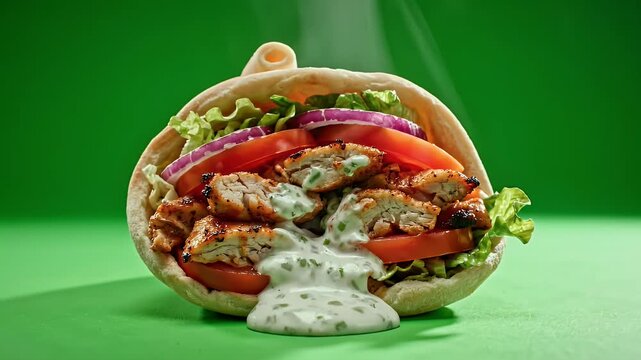 A close-up shot of a pita bread filled with chicken, vegetables, and creamy sauce on a green background