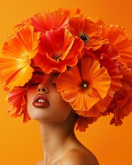 Vibrant Floral Hair Art on Bright Orange Background