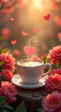 Cup of coffee with hearts floating out of it