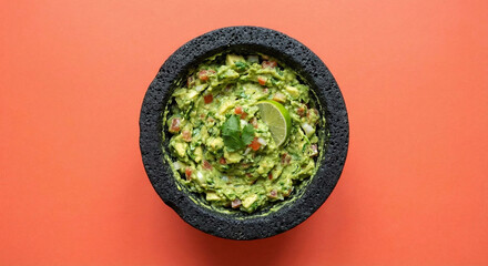 Fresh Homemade Guacamole in a Traditional Molcajete Bowl
