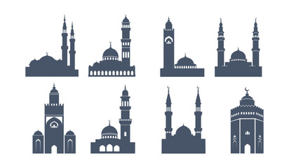 Set of dark blue silhouette icons representing various mosque architectural styles with domes and minarets © AIGen Studio