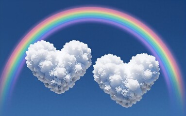Fototapeta premium Rainbow arches over two heart-shaped clouds against deep blue sky.