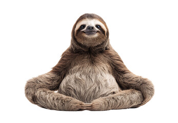 Fototapeta premium Three-toed sloth sitting in meditation pose with peaceful expression and furry texture, isolated on a transparent background