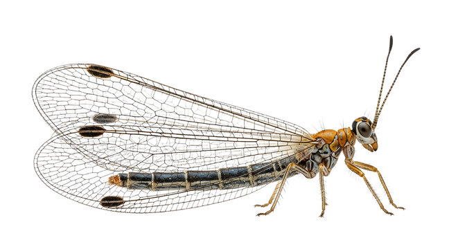 Brown and black antlion insect with delicate veined wings, side view, isolated on white