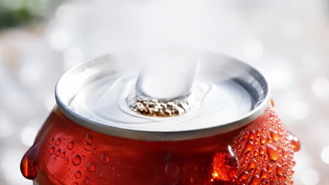 A finger is opening a red soda can with condensation on it