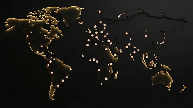 Animation displays a world map with glowing points highlighting various locations. presentations on data analytics, geography, or global distribution