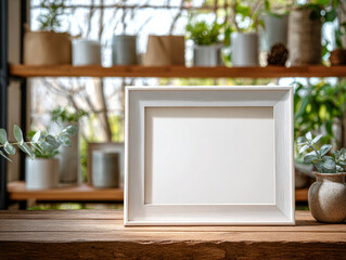 Blank photo frame on rustic wooden shelf