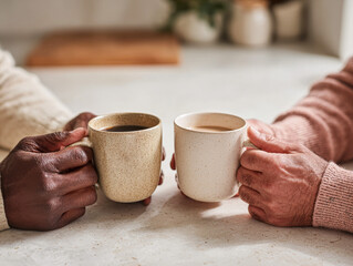 Two people sharing coffee in cozy, warm setting