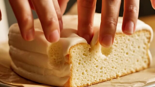 A person cuts into a frosted cake with a slice already removed