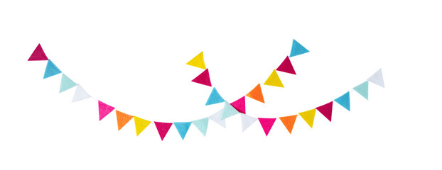 Carnival garland, birthday party decoration garland from textile wool flags isolated on transparent background. Multicolored festive triangular flags. Decorative colorful party bunting for design. © Inna Dodor