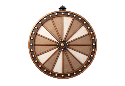 Brown wooden spinning wheel game with lights fortune wheel prize segments carnival style, isolated on a transparent background