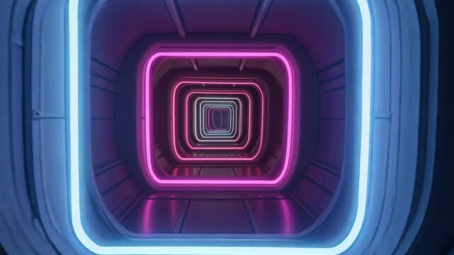 Futuristic neon tunnel with glowing square portal